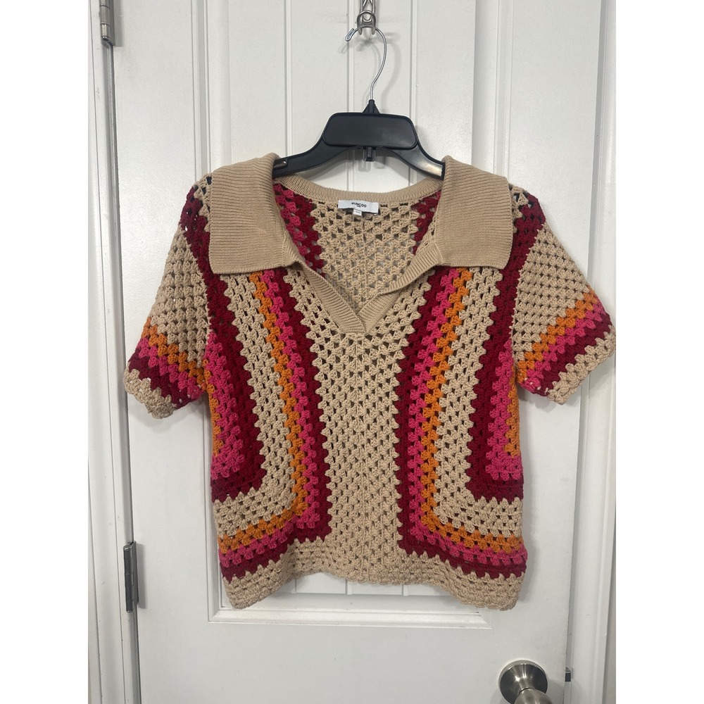 Suncoo Paris Perisol Crochet Knit Polo Sweater Multi-Color Short Sleeve Top T0